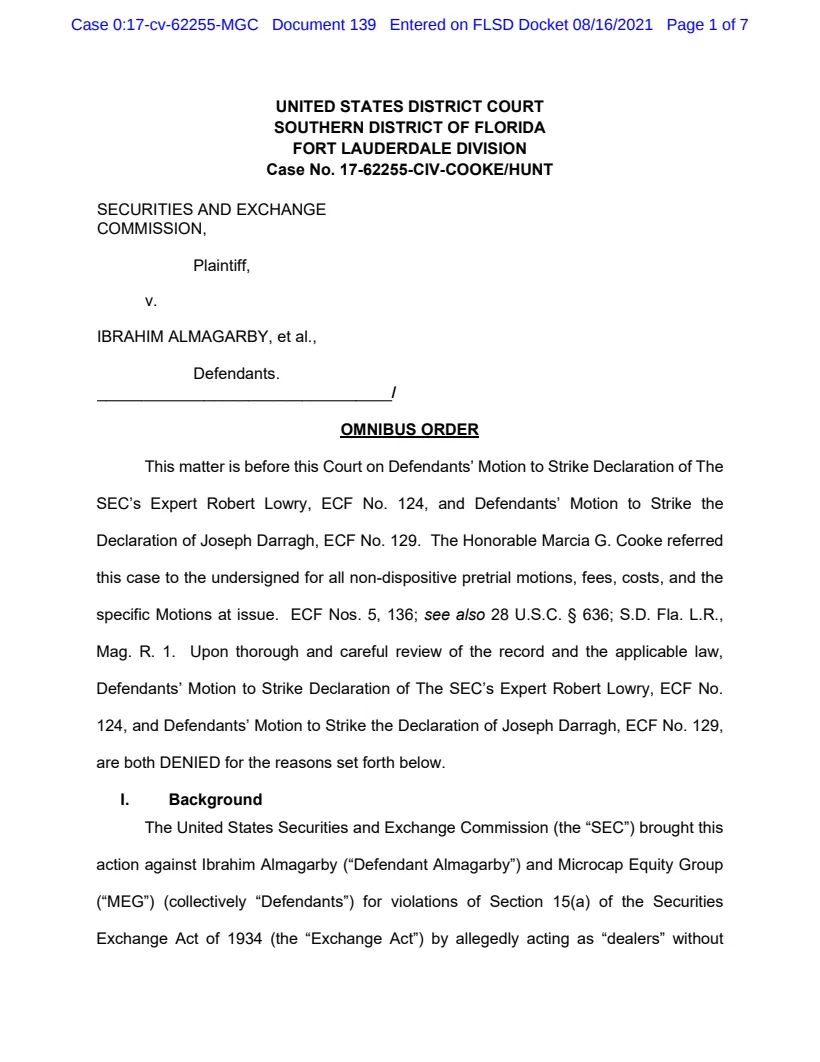 First page of the omnibus order in SEC v. Almagarby, et al.