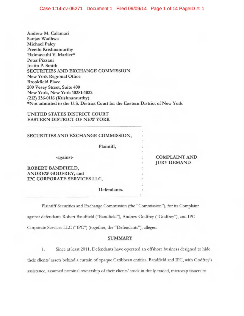 First page of the civil complaint in SEC v. Bandfield, et al.