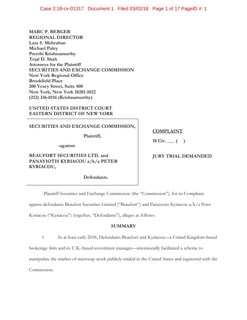 First page of the civil complaint in SEC v. Beaufort Securities, et al.