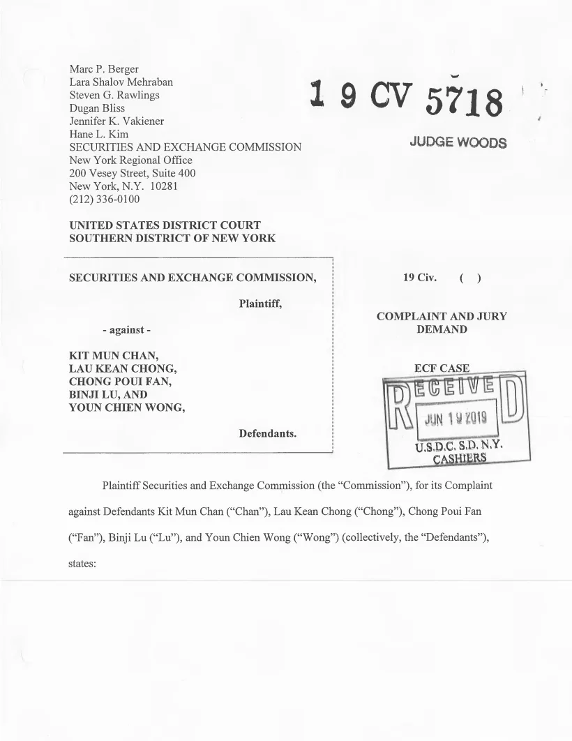 First page of the civil complaint in SEC v. Chan, et al.