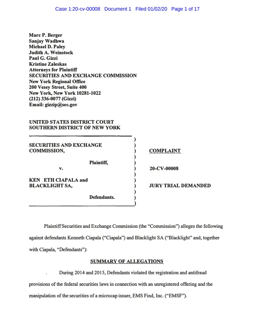 First page of the civil complaint in SEC v. Ciapala, et al.