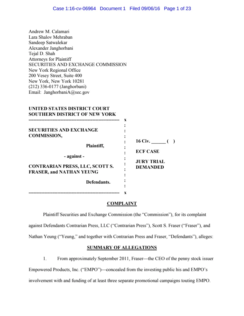 First page of the civil complaint in SEC v. Contrarian Press, et al.