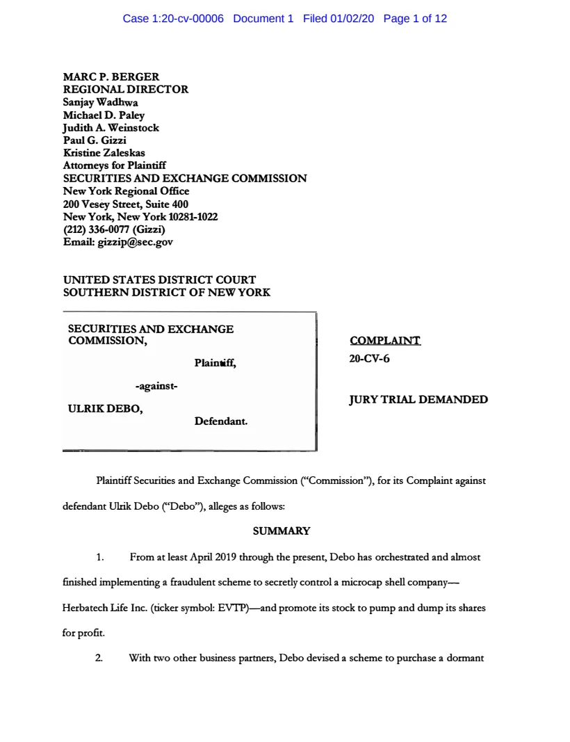 First page of the civil complaint in SEC v. Debo