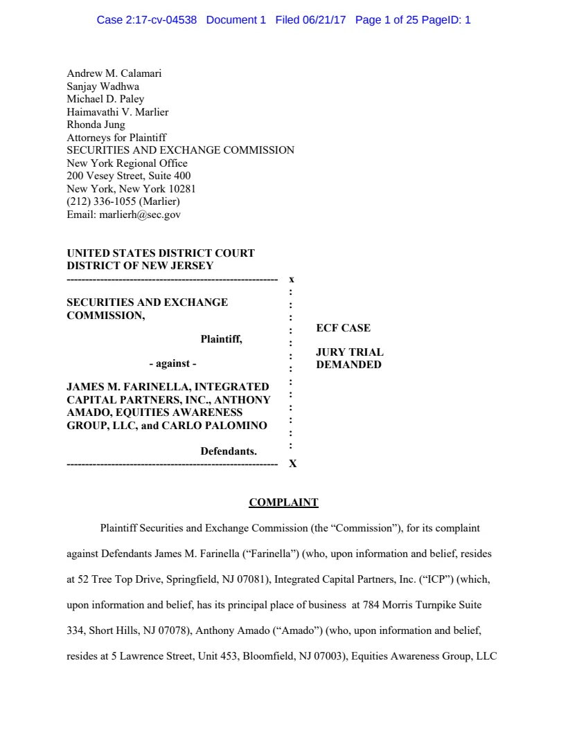 First page of the civil complaint in SEC v. Farinella, et al.
