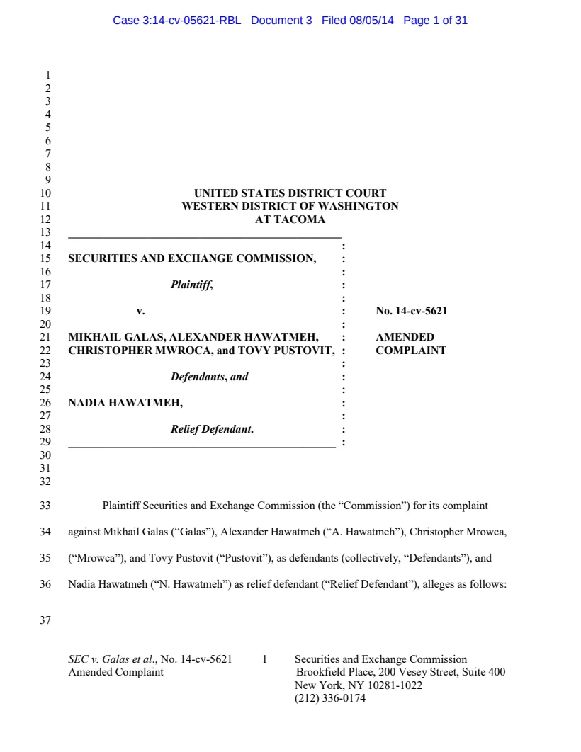First page of the civil complaint in SEC v. Galas, et al.