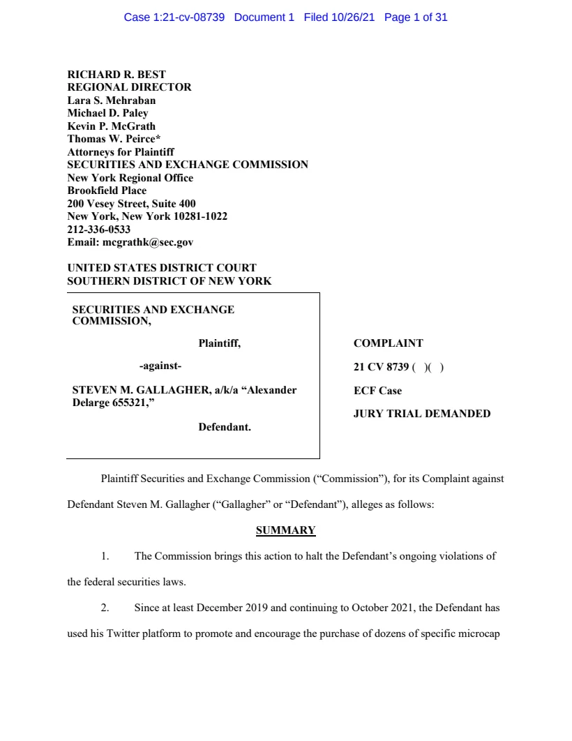 First page of the civil complaint in SEC v. Gallagher