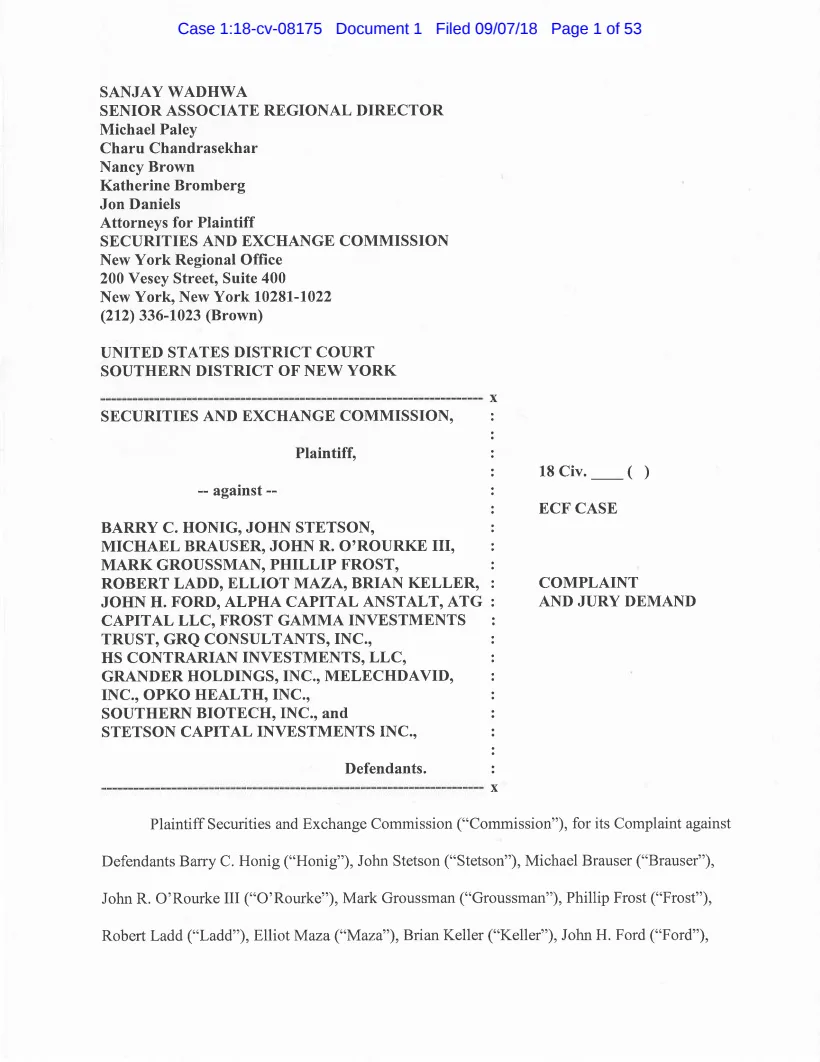 First page of the civil complaint in SEC v. Honig, et al.