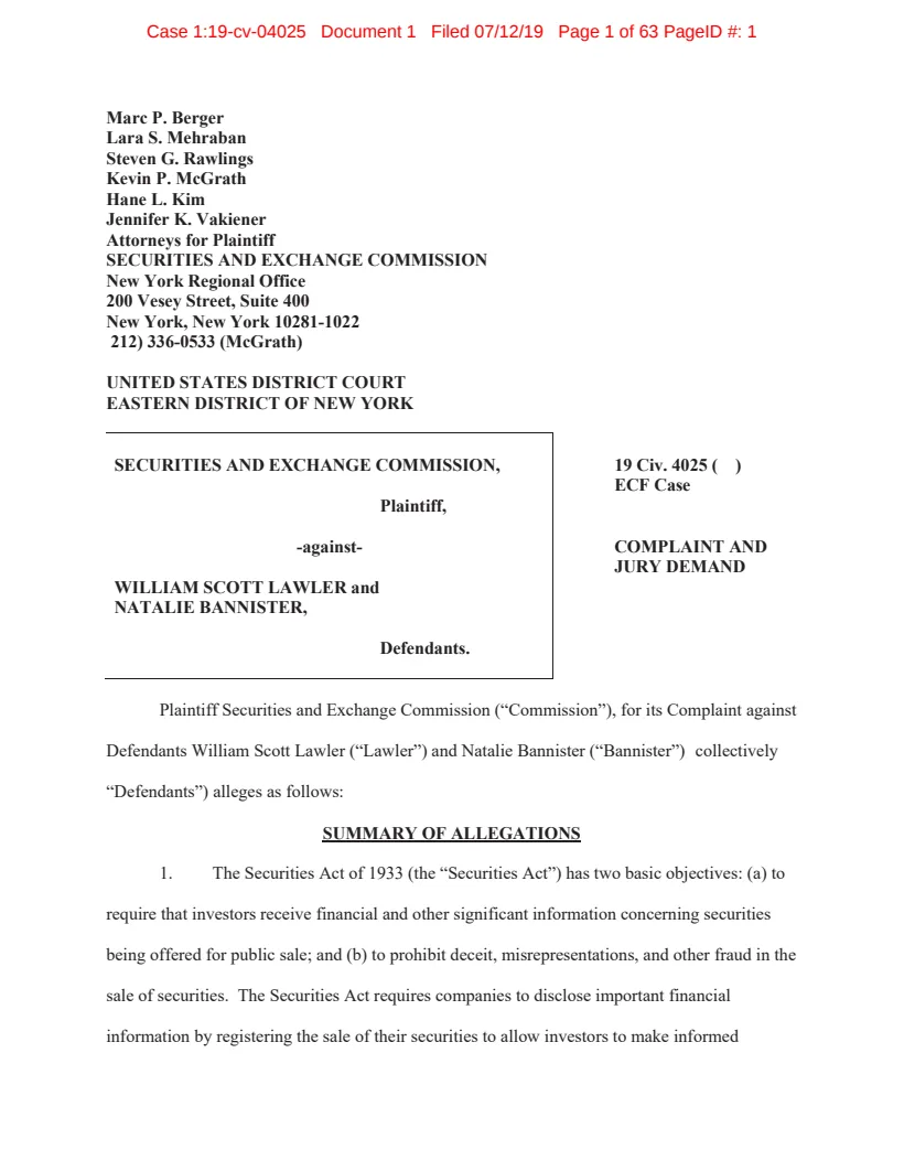First page of the civil complaint in SEC v. Lawler, et al.