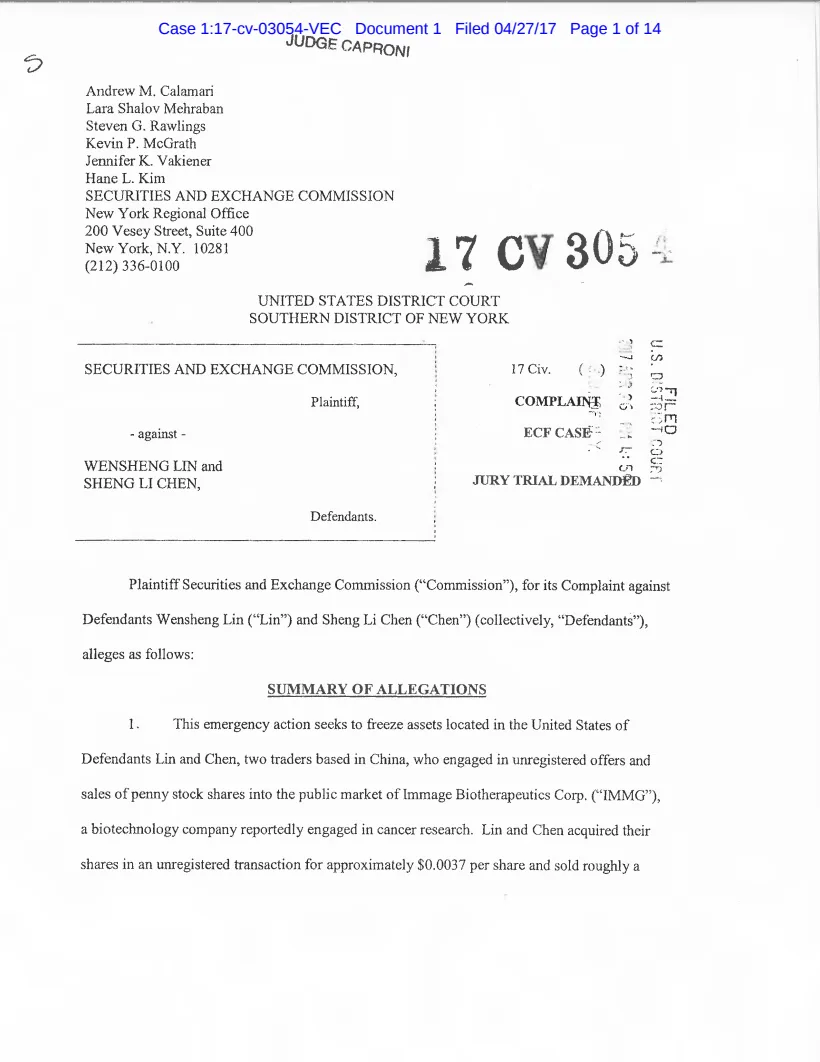 First page of the civil complaint in SEC v. Lin, et al.