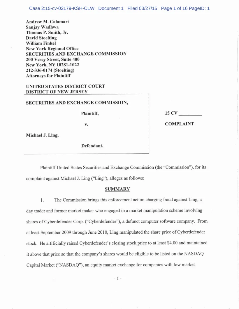 First page of the civil complaint in SEC v. Ling