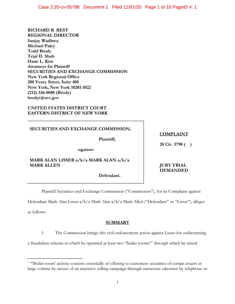 First page of the civil complaint in SEC v. Lisser