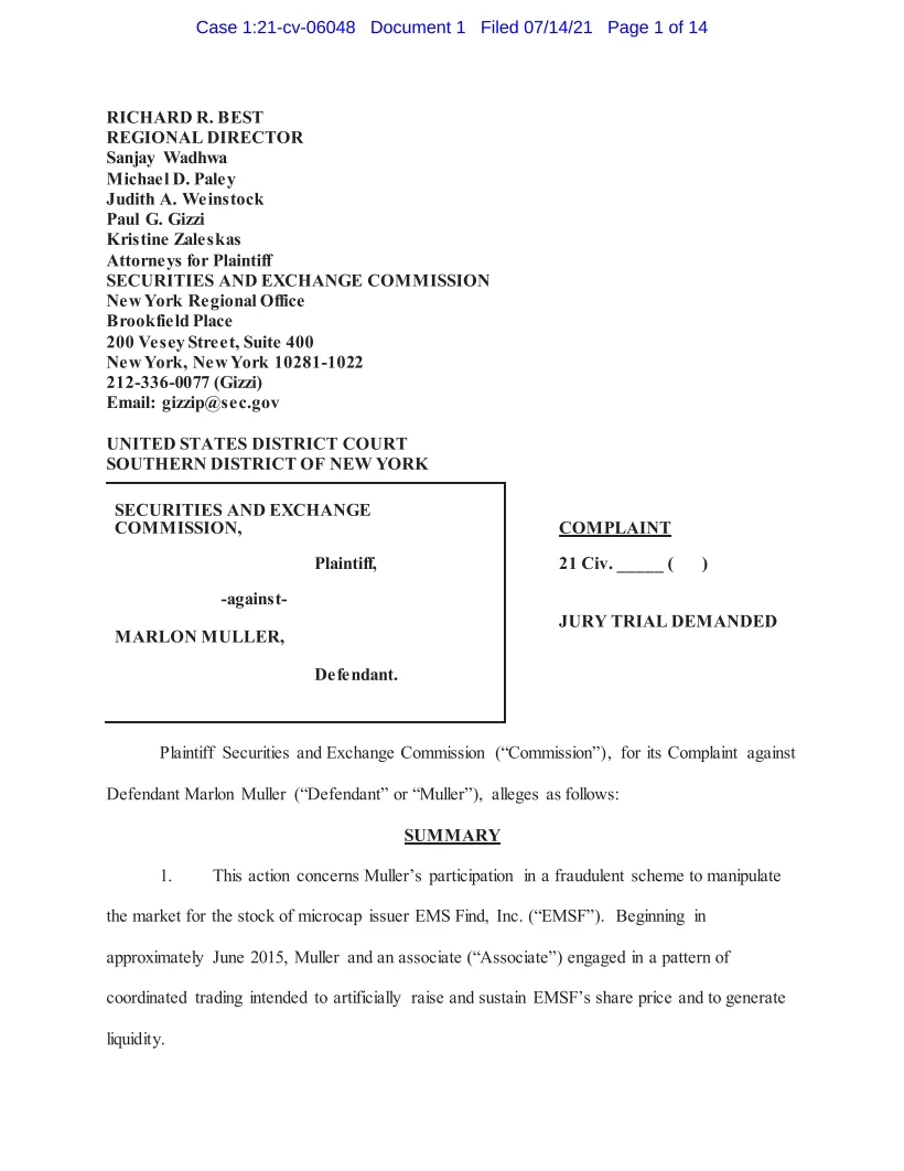 First page of the civil complaint in SEC v. Muller
