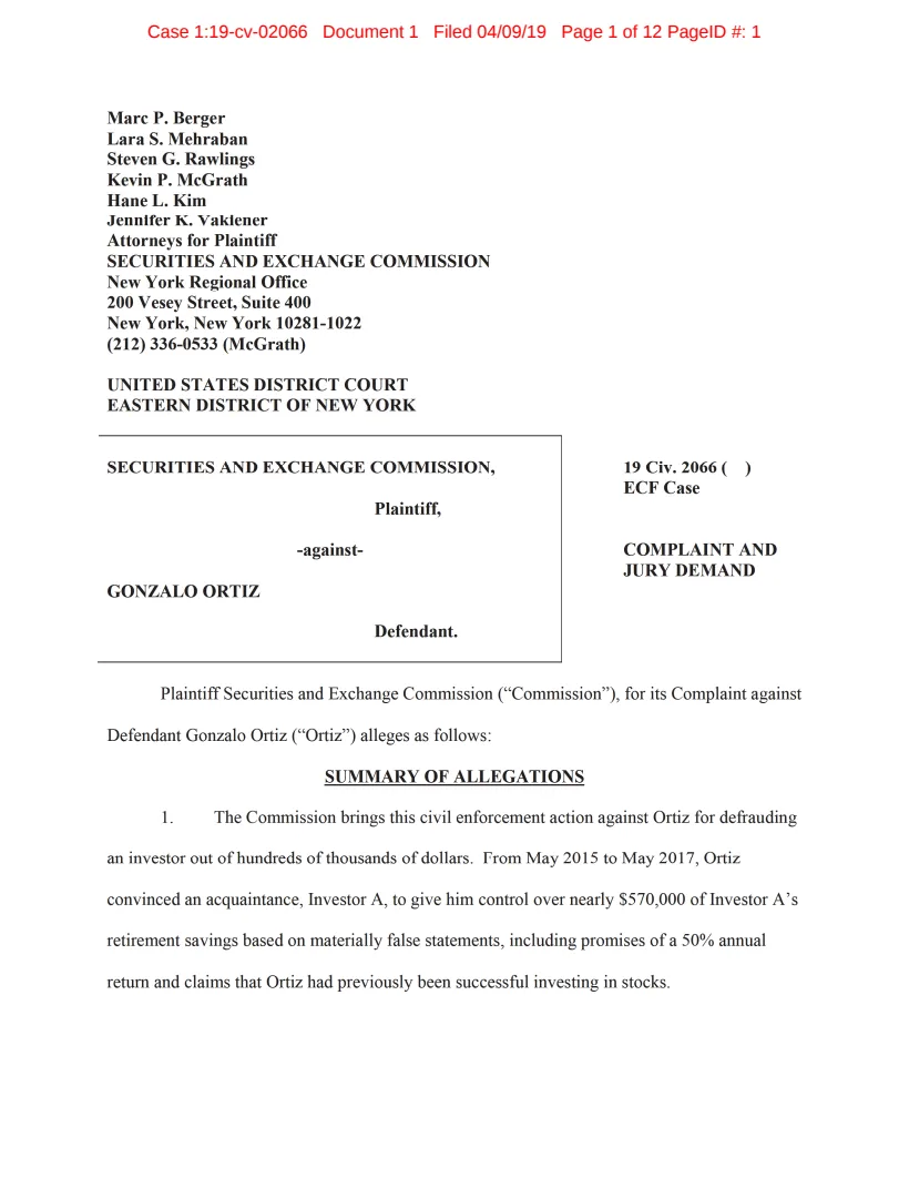 First page of the civil complaint in SEC v. Ortiz