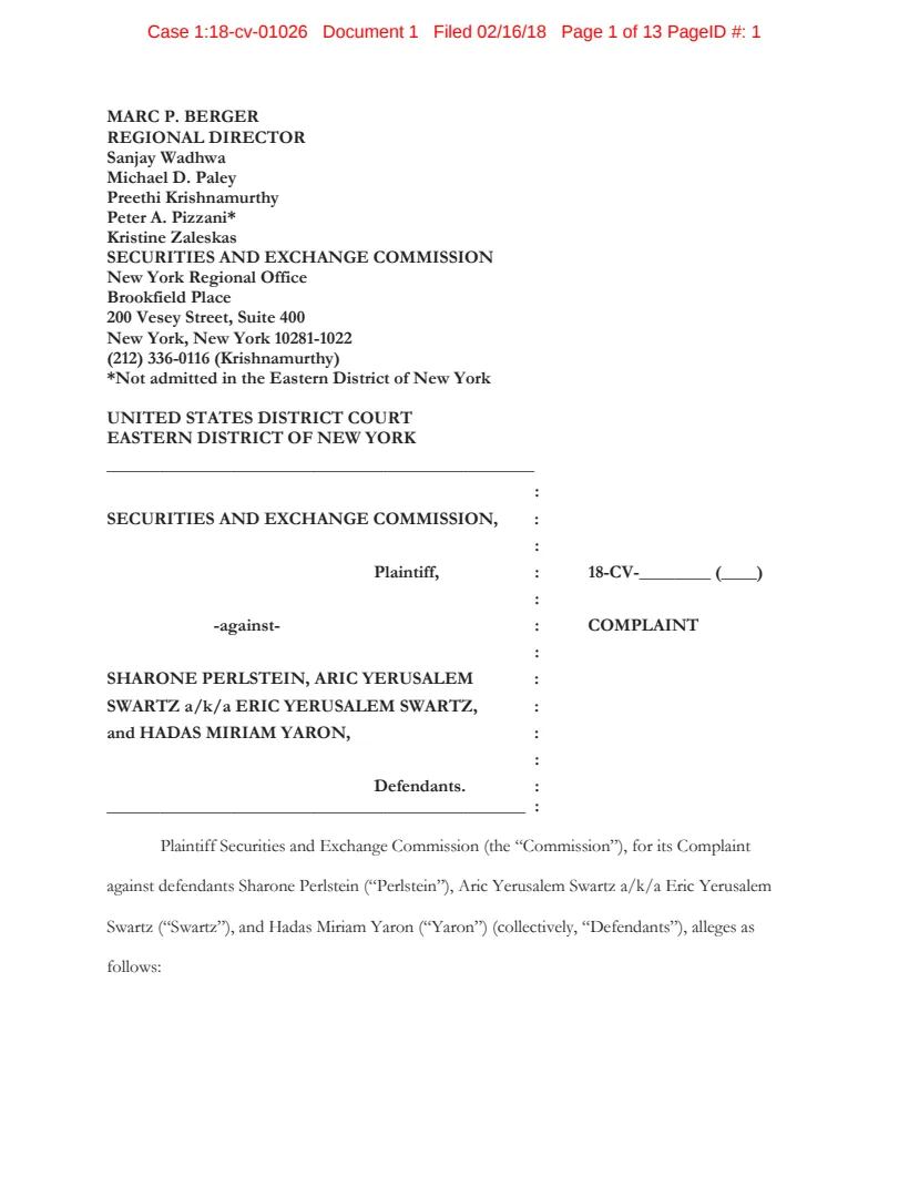 First page of the civil complaint in SEC v. Perlstein, et al.