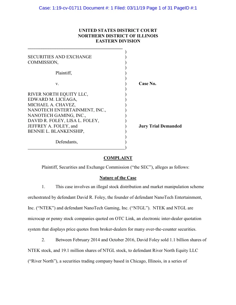 First page of the civil complaint in SEC v. River North Equity, et al.