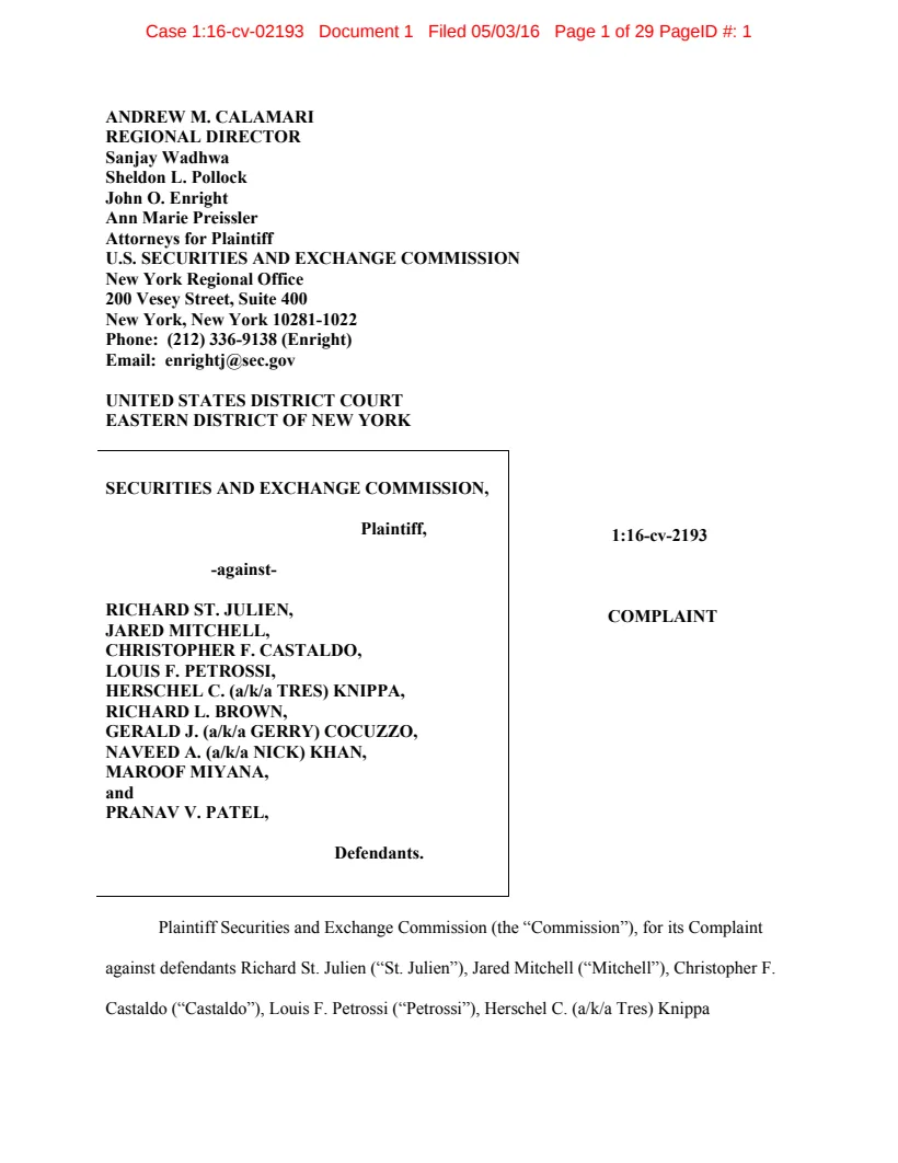 First page of the civil complaint in SEC v. St. Julien, et al.