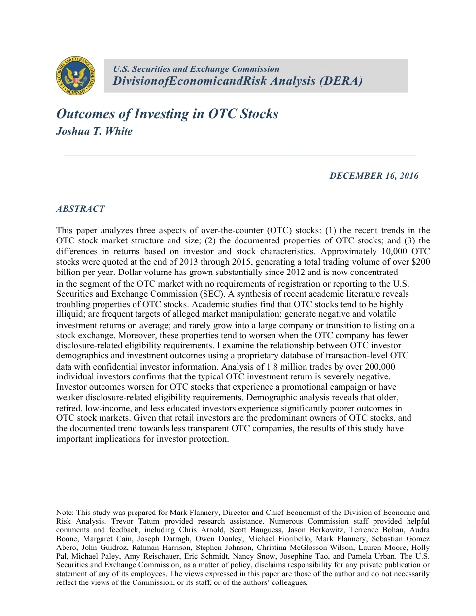Cover page of Outcomes of Investing in OTC Stocks, SEC DERA white paper with Joe Darragh as contributor